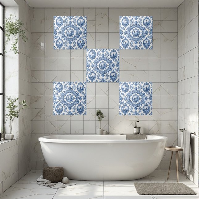 Cena Pastoral Rústica Campo Azul Toile Francês (Pastoral Countryside Rural Folks French Toile Blue Ceramic Tile)