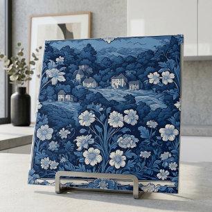 Cenário Botânico Floral Francês Azul Toile De Jouy