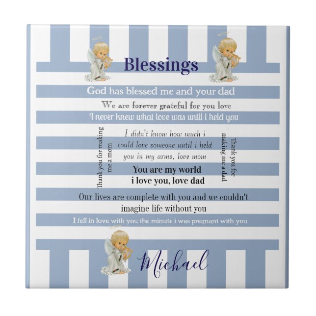 Ceramic Tile Blue & White Stripe Blessings Child (Frente)