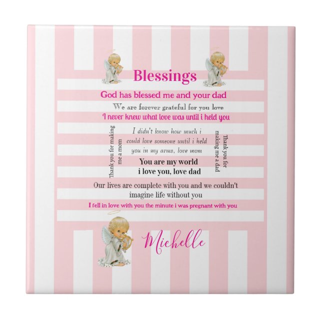 Ceramic Tile Pink & White Stripe Blessings (Frente)