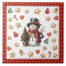 Ceramic Tile Snowman and Christmas Cookies Red