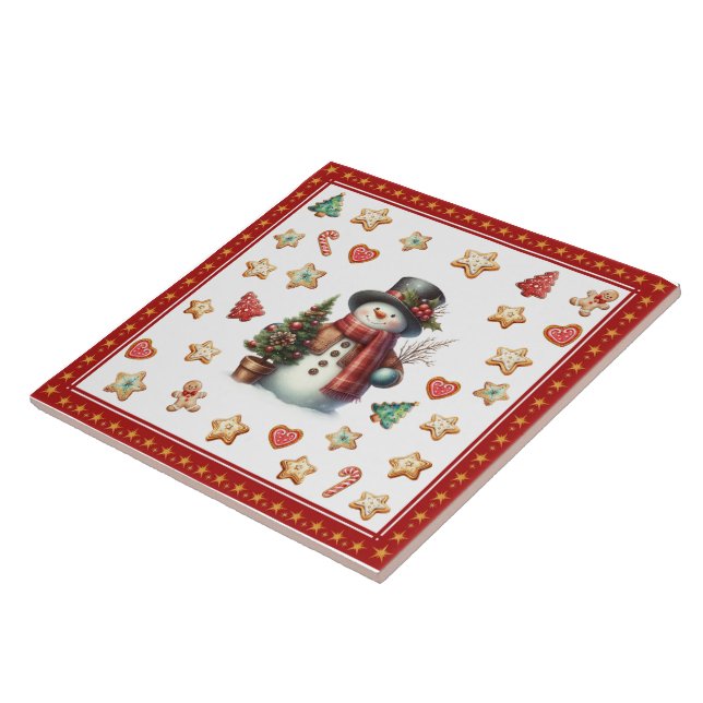 Ceramic Tile Snowman and Christmas Cookies Red (Lateral)