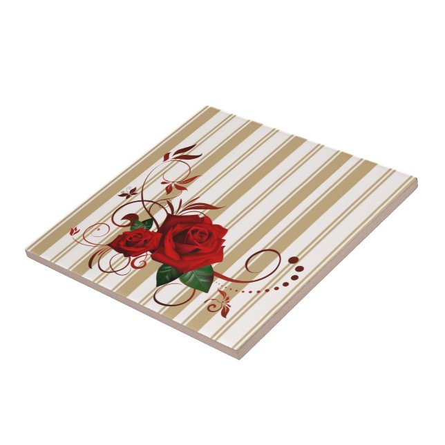 Ceramic Tile Stripe Beige & White Stripe Red Rose  (Lateral)