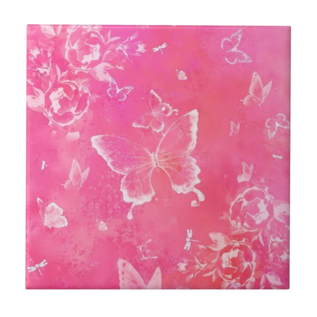 Ceramic Tile with Butterflies and Flowers Pink Art (Frente)