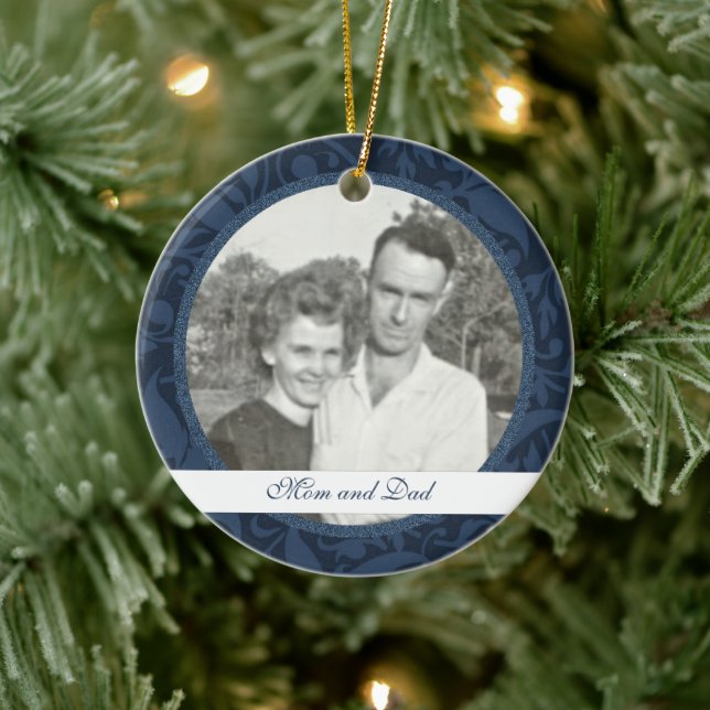 Cerâmica Blue Floral Framed: Memorial: Ornamento de Imagem (Árvore)