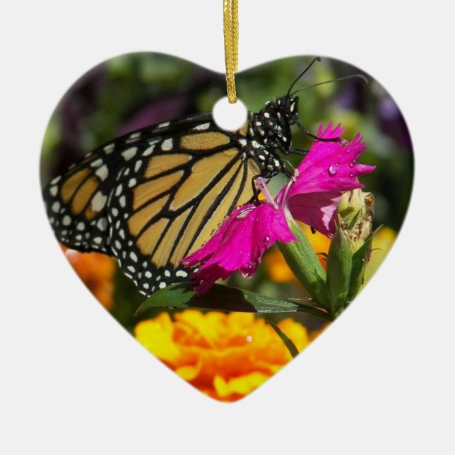 Cerâmica Borboleta Monarch em ornamento de marigold-coração (Frente)