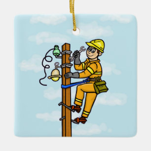 Cerâmica Cartoon Lineman Trabalhando No Ornamento De Polos