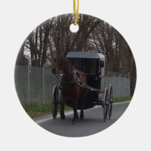 Cerâmica Cavalo de Amish & ornamento do carrinho