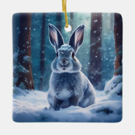 Cerâmica Coelho Fofo na Floresta Coberta de Neve Ornamento
