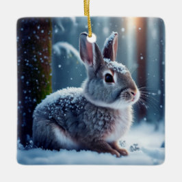 Cerâmica Coelho Fofo na Floresta Coberta de Neve Ornamento