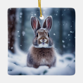 Cerâmica Coelho Fofo na Floresta Coberta de Neve Ornamento