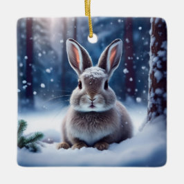 Cerâmica Coelho Fofo na Floresta Coberta de Neve Ornamento