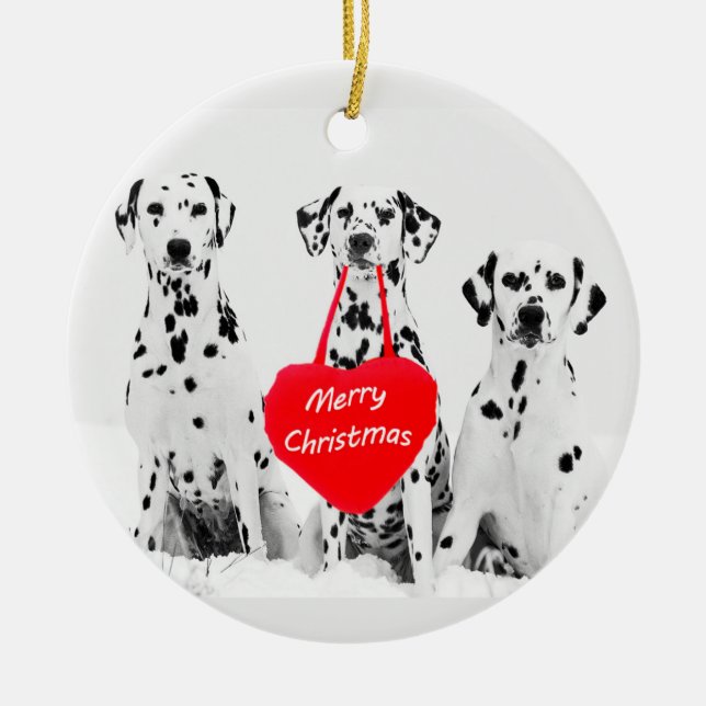Cerâmica Dalmatianos Desejando Ornamento Feliz de Natal (Frente)