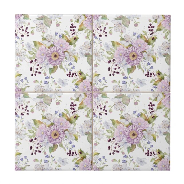 Cerâmica de Aquarela Pastel de Flor Silvestre Botâ (Pink and White Pastel Watercolor Wildflowers Ceramic Tile)