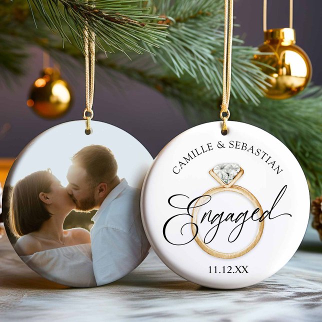 Cerâmica Envolvido! Ornamento de Fotos de Natal (Elegant Engagement Photo Christmas Ornament)