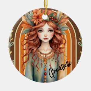 Cerâmica Fada de Cabelo Vermelho com Ornamento de Flores