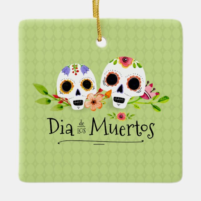 Cerâmica Floral Sugar Skulls Dia de Muertos | Ornamento (Frente)