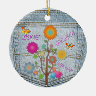 Cerâmica Flores no Bolso Traseiro de Jeans Ornamento Paz Am