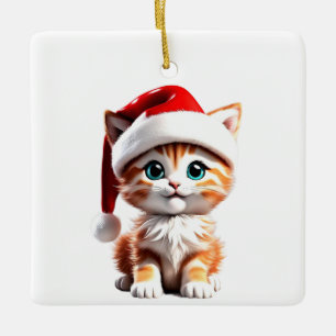 Cerâmica Gato Bonito com Ornamento de Chapéu de Natal