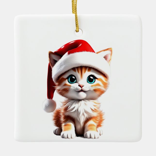 Cerâmica Gato Bonito com Ornamento de Chapéu de Natal (Frente)