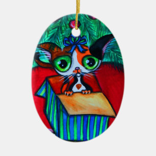 Cerâmica Gato De Gato De Natal Em Ornamento De Presente