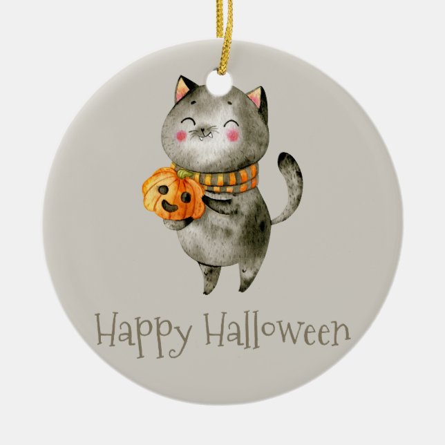 Cerâmica Gato de Halloween bonito com abóbora | Ornamento (Frente)