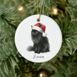 Cerâmica Gato Preto de Aquarela com Ornamento Festivo Santa