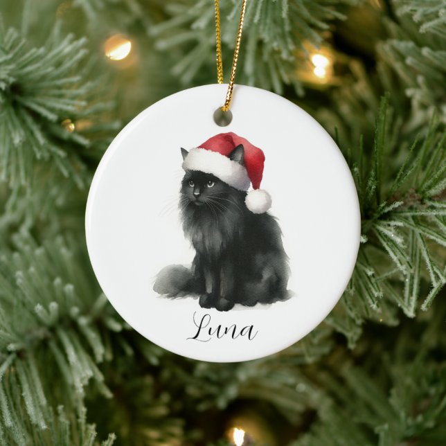 Cerâmica Gato Preto de Aquarela com Ornamento Festivo Santa (Árvore)