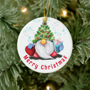 Cerâmica Gnomo Feliz com Ornamento de Árvore de Natal de Pr