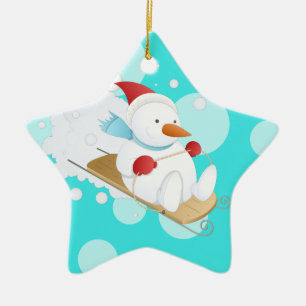 Cerâmica Homem de neve no ornamento da árvore de trenó.