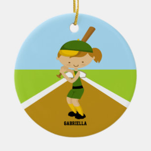 Cerâmica Jogador de softball bonito no ornamento verde &