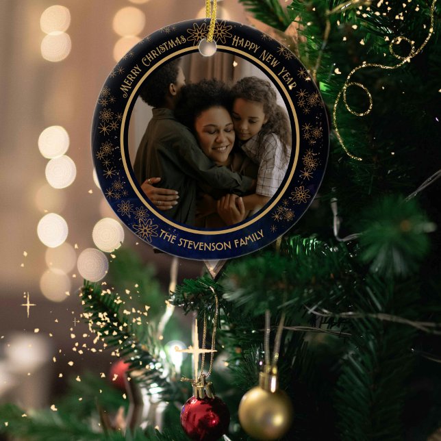 Cerâmica Marinho Elegante Ornamento Lado de Natal Azul 2 (Elegant Navy Blue Christmas 2 sided Ornament)