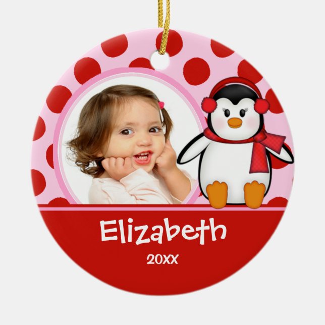 Cerâmica Menina Ornamento de Natal Personalizado Pinguim (Frente)