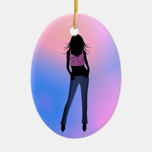 Cerâmica Moça de Moda em Jeans Azuis Ornamento Oval Padrã