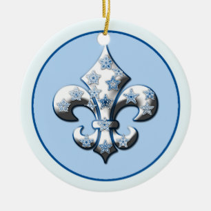 Cerâmica Ornamento azul e branco da flor de lis do floco de