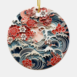 Cerâmica Ornamento cerâmico de flores e ondas japonesas