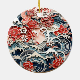 Cerâmica Ornamento cerâmico de flores e ondas japonesas