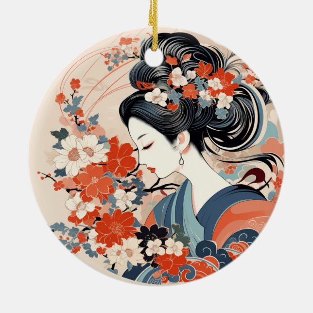 Cerâmica Ornamento cerâmico de Geisha e Flores Japonesas (Traseira)