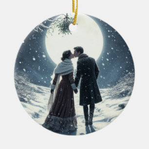 Cerâmica Ornamento Cerâmico de Natal do Casal de Beijo Neve