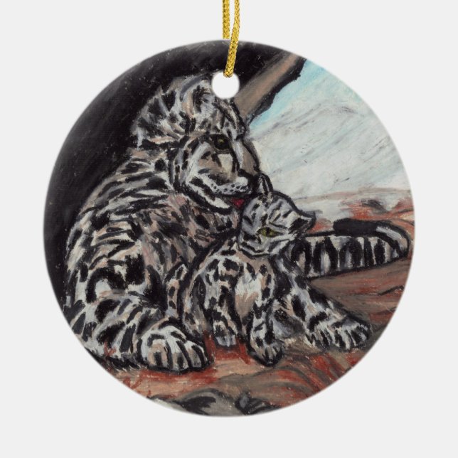Cerâmica ornamento da MÃE LEOPARD DE NEVE E CUB (Frente)