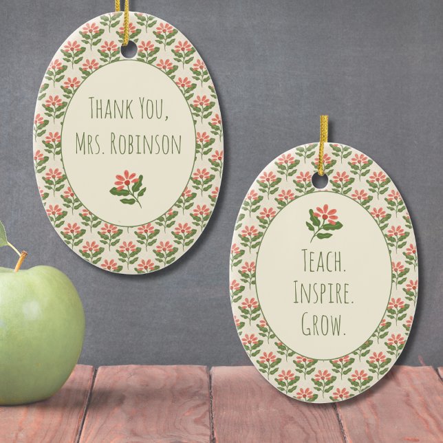 Cerâmica Ornamento de Apreciação para Professores Florais | (Teacher Gift - Personalized Ornament for Classroom)