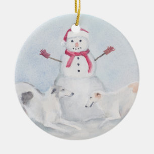 Cerâmica Ornamento de Arte Canina Borzoi e Snowman