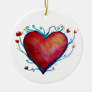 Cerâmica Ornamento de Arte por Aquarela do Coração Vermelho