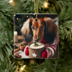Cerâmica Ornamento de Árvore de Dachshund de Cabelo Longo