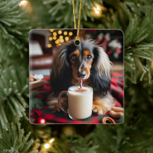 Cerâmica Ornamento de Árvore de Dachshund de Cabelo Longo