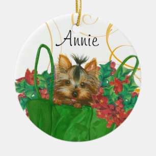 Cerâmica Ornamento de Árvore de Natal Yorkie com Holly