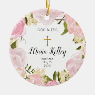 Cerâmica Ornamento de Batismo Floral Personalizado Rosa