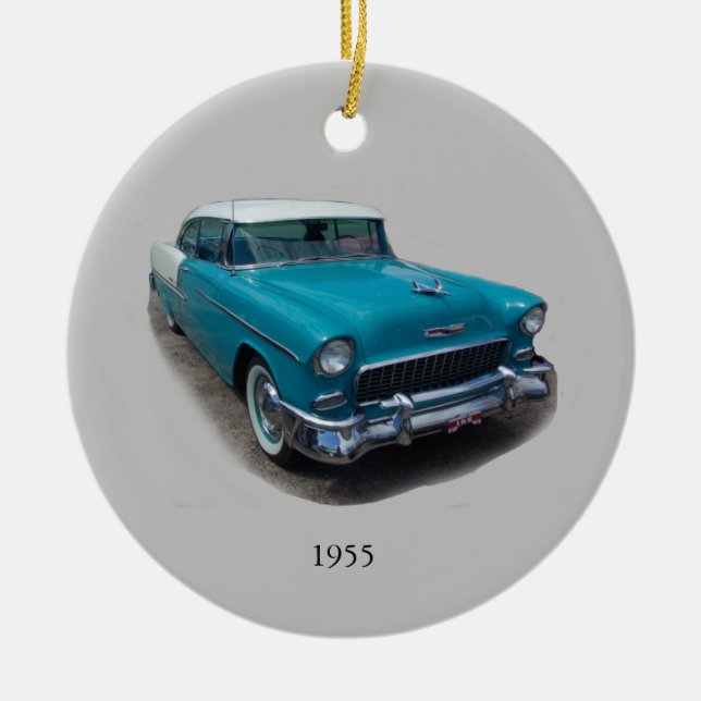 Cerâmica ornamento de carro clássico azul e branco em 1955 (Frente)