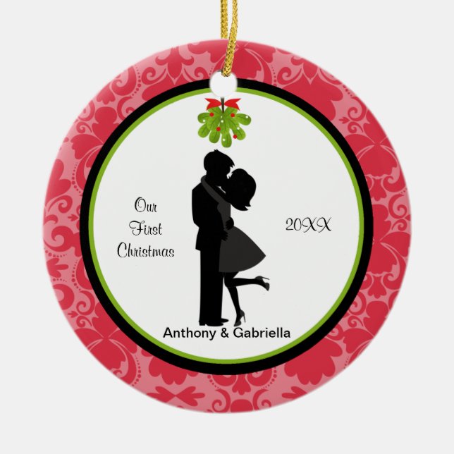 Cerâmica Ornamento de Casal de Beijo Primeiro Natal Junto (Frente)