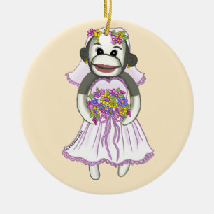 Cerâmica Ornamento de casamento do Sock Monkey Bride